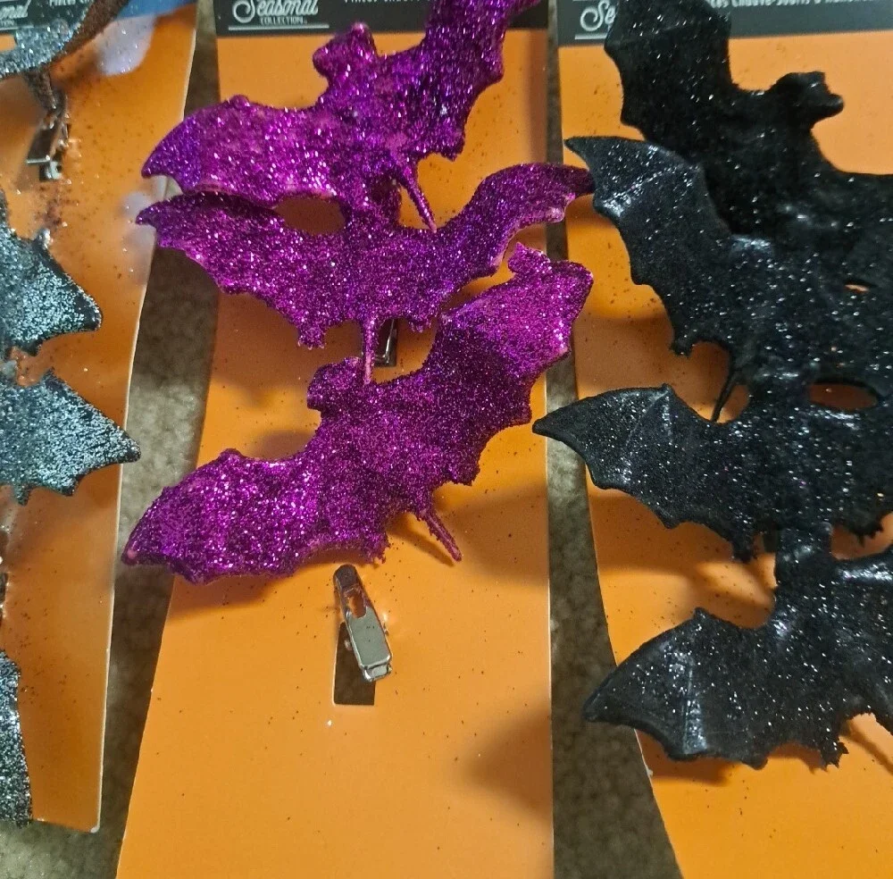 Halloween Glitter Bat Clips - Purple, Black, Silver - 3pk